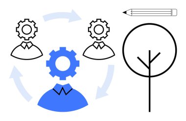 Takım çalışması, proje yönetimi, iş akışı, yaratıcılık, sürdürülebilir tasarım, yenilik. Okları ve diğer simgeleri olan dişli başlı bir figür. Takım çalışması ve proje yönetimi kavramları