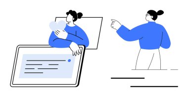 Dijital iletişim, takım çalışması, çevrimiçi mesajlaşma, sanal bağlantı, kullanıcı etkileşimi, teknoloji. Tablet üzerinde bir kalbe sarılan ve dışını gösteren bir kişi. Dijital iletişim