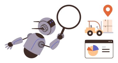 Büyüteçle robot analizi, forklift taşınan kutular, tarayıcı ve konum simgesi üzerindeki bar tablosu. Otomasyon, yapay zeka, lojistik, verimlilik ve teknoloji veri analizi için ideal. Basit.