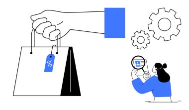 E-ticaret konsepti. Alışveriş çantalı e-ticaret indirimli etiket, büyüteç çevrimiçi arama ve sistem optimizasyonu için vites simgeleri. Perakende, teknoloji, pazarlama ve veri analizi için mükemmel