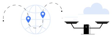 Küresel ticaret, lojistik, sürdürülebilirlik, adalet, teknoloji bulut hesaplaması. Konum noktaları ve ölçekli bir küre. Küresel ticaret ve lojistik. Çizgi benzetmesi. Basit satır simgeleri