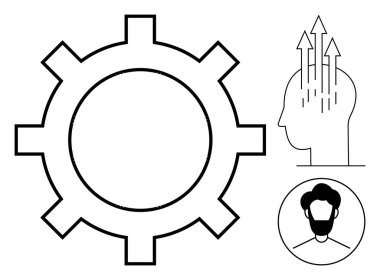 İlerleme konsepti. Vites tekerleği ekip çalışması ve sistem geliştirme. Kafa ve okların fikirleri ve yenilikleri ile ilerleme. İş büyümesi, eğitim ve liderlik kavramları için. Kullanım teknolojisi