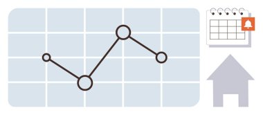 Line graph on grid background with highlighted data points, calendar reminder icon, and home symbol. Ideal for business strategy, performance tracking, data analytics, reminders, planning