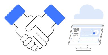 İş ortaklıkları, çevrimiçi anlaşmalar, dijital işlemler, bulut hesaplama, uzaktan işbirliği, veri paylaşımı. Tokalaşma simgesi, bulut ve masaüstü ekranı bir veri torpidosunu gösteriyor. İş dünyası