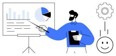 İş sunumu. Strateji geliştirme çizelgeleri ve grafikleri açıklayan profesyonel bir iş adamı. Veri odaklı karar verme süreçlerini destekleyen iş araçları. Eğitim, eğitim için.