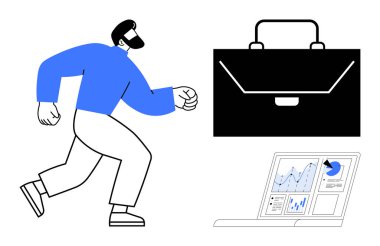 İş büyümesi, kariyer gelişimi, analitik, kurumsal çözümler, girişimcilik, strateji. Bir evrak çantası ve çizelgeleri gösteren bir dizüstü bilgisayarın yanında yürüyen bir profesyonel. İş büyümesi