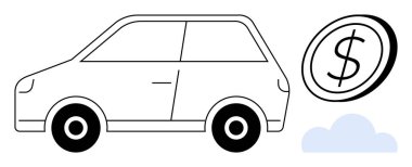 Araba kiralama, araba kredisi, ulaşım masrafları, araç sigortası, finansal planlama, çevre dostu ulaşım. Bozuk parası ve bulutu olan bir araba. Araç sigortası ve otomobil kredisi kavramı