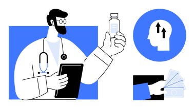 Sağlık sigortası konsepti. Sağlık hizmetleri uzmanı, tıbbi detaylar, finansal unsurlar ve zihinsel sağlık ikonları sağlık hizmetlerinde büyüme, maliyet ve gelişmeler. Tıbbi büyüme için uygulanabilir, finansal