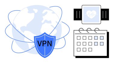 Güvenli bağlantıyı tasvir eden VPN kalkanlı dünya, sağlık takibi için kalp atışlarını gösteren akıllı seğirme ve takvim programlamayı sembolize ediyor. Güvenlik, teknoloji, sağlık, zaman yönetimi için ideal