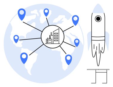 Küresel iş, yenilik, girişim büyümesi, uluslararası bağlantılar, girişimcilik, gelecekteki teknoloji. Konum lobutları, roket fırlatma ve bina ikonu olan dünya haritası. Genel iş