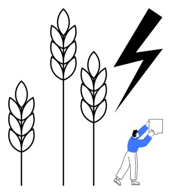 Tarım sorunları. Buğday sapları ve yıldırım iklim sorunlarıyla vurgulanmış tarım. Tarım direnci bireysel bir insan çabasıyla resmedilmiştir. Sürdürülebilirlik