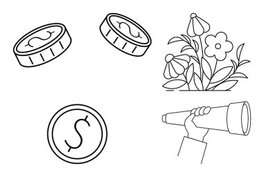 Yatırım fikirleri, finansal büyüme, zenginlik oluşturma, fırsat görselleştirme, ekonomik planlama, doğa koruma. Bozuk paralar, çiçekler ve teleskop tutan bir el. Yatırım ve mali büyüme