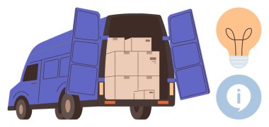 Açık kapılı teslimat kamyonu, istiflenmiş kutular, yaratıcılık sembolü olarak ampul ve bilgi işareti. Nakliye, ulaşım, lojistik, yenilikçi iş fikirleri iletişimi için idealdir. Basit düz