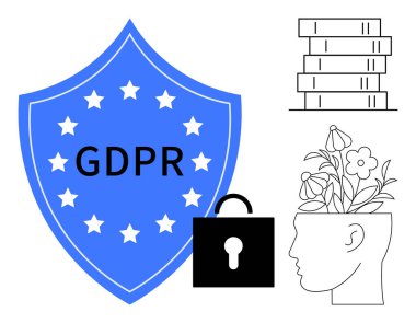 GDPR, asma kilit, kitap yığını ve çiçeklerle etiketlenmiş mavi kalkan veri korumasını, bilgi büyümesini ve mahremiyeti sembolize ediyor. Güvenlik, eğitim, etik entelektüel teknoloji için ideal