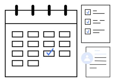 Zaman planlama, görev yönetimi, verimlilik, organizasyon, iş akışı, proje takibi. Temiz bir dizaynda bir takvim, kontrol listesi ve kullanıcı simgesi. Zaman planlama ve görev yönetimi kavramı