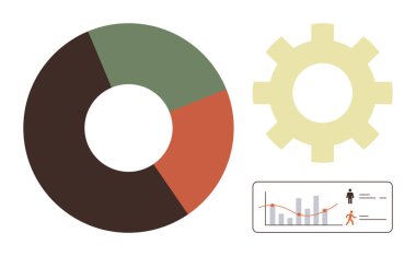 Üç renkli pasta şeması, vites simgesi ve çubuk grafik ve insan simgeleriyle birlikte veri tablosu. Analiz, süreç iyileştirme, istatistik, iş stratejisi, veri görselleştirme için ideal, basit düz raporlar