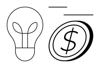 Yenilik, iş stratejisi, finansal büyüme, yaratıcı çözümler, girişimcilik, ekonomik potansiyel. Ampul ve dolar sembollü bozuk para taslağı. Yenilik ve iş kavramları