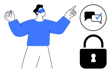 VR kullanıcısı etrafı kontrol işareti ve asma kilitle çevrili bir sohbet baloncuğuyla çevriliyken hareket ediyor. Teknoloji, güvenlik, gizlilik, VR etkileşimi, kimlik doğrulama, yenilik ve kullanıcı deneyimi temaları için ideal