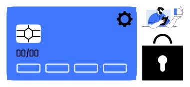 Dijital ödeme, çevrimiçi hizmetler, güvenli işlemler, fintech çözümleri, siber güvenlik, kimlik doğrulama. Resim bir kredi kartı, kilit teçhizatı ve bilgiyi doğrulayan bir kullanıcı görüntüler. Odaklan.