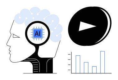 Yapay zeka, veri işleme, teknolojik yenilik, fütürist sistemler, makine öğrenme, otomasyon. Yapay zeka çipli insan kafası, simge ve veri tablosunu oynat. Yapay zeka ve veri