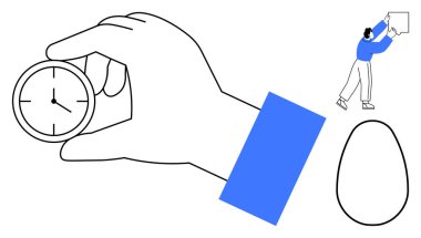Zaman yönetimi konsepti. Öncelikli ayarı, yumurta basitliğini ve yaratıcılığın zaman yönetimi çözümlerini vurgulayan bir saati tutan bir el ele. Üretkenlik, minimalizm, yaratıcılık için