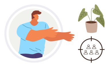 Kollarını uzatmış bir adam, saksıda saksı bitkisi, ve grup ikonu ile hedefe odaklan. İletişim, çevre, takım çalışması, liderlik, sürdürülebilirlik stratejisi için ideal. Basit düz