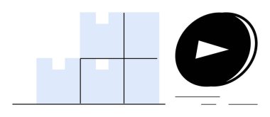 E-ticaret lojistiği, nakliye süreci, sipariş izleme, envanter yönetimi, dijital çözümler, iş otomasyonu. Yığılmış mavi kutular ve siyah çalma tuşu. E-ticaret lojistik ve nakliye