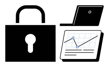Kilit, bir dizüstü bilgisayarın yanında güvenliği ve bir belgenin grafiğini temsil ediyor. Siber güvenlik, veri koruması, teknoloji, analitik, iş stratejisi, çevrimiçi güvenlik ve güvenli yenilik için idealdir. A