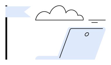 Bulut hesaplama konsepti. Laptop, bulut grafiği ve bayrak ile bulut hesaplama. Bulut bilgisayarı veri depolamayı, uzaktan çalışmayı ve dijital işbirliğini geliştirir. IT için, teknoloji şirketleri verileri