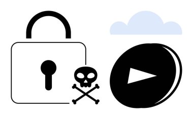 Siber güvenlik, dijital haklar, veri güvenliği, bulut deposu, siber suç, medya akışı. Asma kilit, kafatası ve çapraz kemikler bulut ve çalma düğmesi simgesi. Siber güvenlik ve dijital haklar