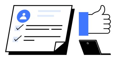 Kullanıcı geribildirim kavramı. Görsel ögeleri olan kullanıcı geribildirimi, profil, kontrol listesi simgeleri ve başparmak işareti. Anketler, değerlendirmeler, dijital formlar ve çevrimiçi etkileşimler için kullanıcı geribildirimi. çevrim