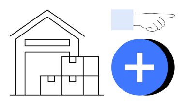 Depo konsepti. Depo, işaret eden bir el ve mavi artı işareti ile birlikte kutularla çevrili. Depo işlemleri, depolama, lojistik, tedarik zinciri, envanter yönetimi