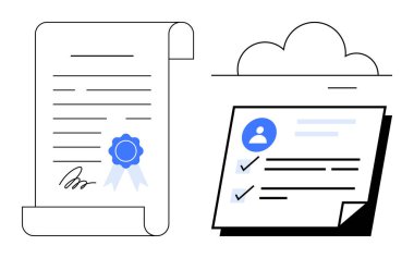 Bulut çizgisi altında kontrol işaretleri olan dijital bir profil belgesinin yanında mühürlü ve imzalı resmi sertifika. Eğitim, başarı, akreditasyon, kimlik ve teknoloji için ideal