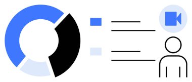 Veri analizi, istatistik, görselleştirme, iletişim, video dersleri, kullanıcı arayüzü. Bir pasta grafiği, kullanıcı simgesi çizgileri ve video sembolü. Veri analizi ve istatistik kavramı