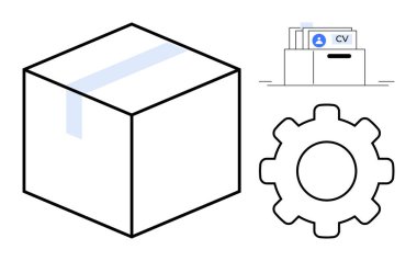 Veri depolama kavramı. Kutulu veri depolama, dişli simgesi, ve klasör organizasyonu, sistem süreçleri, ve etkili yönetim. Teknoloji, iş ve sistem işleri için bilgi akışı
