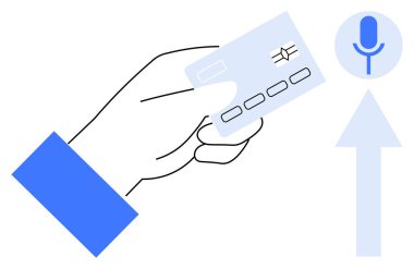Dijital ödemeler, ses tanıma, çevrimiçi alışveriş, modern işlemler, bağlantısız alımlar, bankacılık çözümleri. Bir el, bir mikrofon ikonunun yanında bir kredi kartı tutar. Dijital ödemeler ve ses