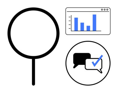 Web sayfası düzenindeki bir grafiğin yanında büyüteç ve işaretli konuşma baloncukları. Analiz, veri incelemesi, iletişim, problem çözme, araştırma, doğrulama, takım çalışması için ideal