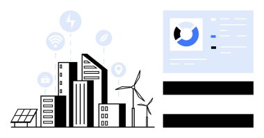 Rüzgar türbinleri, güneş paneli, bağlantı ikonları ve mavi tonlu analitik çizelgeleri olan modern şehir manzarası. Akıllı şehir için ideal, sürdürülebilirlik, IOT, yenilenebilir enerji, dijital dönüşüm kentsel