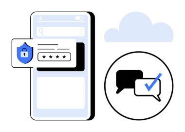 Akıllı telefon parola girişini kalkan ile gösteriyor, konuşma baloncukları ileti doğrulama işaretini gösteriyor. Siber güvenlik, iletişim, giriş, uygulama, veri gizliliği, doğrulama, güvenlik için ideal