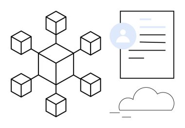 Engelleme zinciri, veri güvenliği, dijital kimlik, bulut hesaplama, bağlantı, çevrimiçi hizmetler. Geometrik engelleme ağı, profil belgesi bulut simgesi. Engel zincir ve dijital kimlik iletişimi