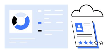 Dairesel veri tablosu, metin analizleri, yıldız değerlendirmeli profil belgesi ve bulut simgesi vurgulama veri içgörüsü, performans ölçümleri, profesyonel değerlendirme. Analiz, adam toplama, bulut depolama için ideal