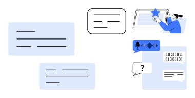 Dijital iletişim, çevrimiçi öğrenme, veri paylaşımı, yapay zeka arayüzleri, sohbet robotu sistemleri, belge güncellemeleri. Çeşitli mesaj baloncukları, bir tablet ikili kod ve bir insan etkileşimi. Dijital iletişim
