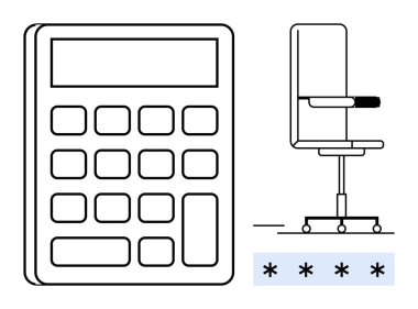 Ofis işi, gizlilik, siber güvenlik, veri koruması, şifre güvenliği, çalışma alanı organizasyonu. Minimalist hesap makinesi, ofis koltuğu ve şifre giriş elemanları. Siber Güvenlik