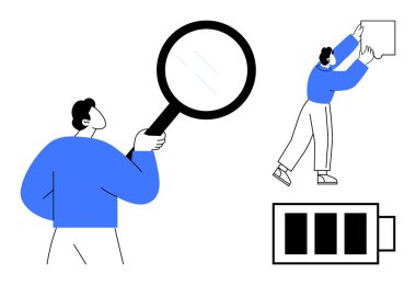 Analiz konsepti. Bir kişi elinde büyüteç, enerji için pil ikonu ve kutuyla etkileşim içinde. Analizler arasında üretkenlik, problem çözme, keşif, verimlilik ve planlama yer alıyor