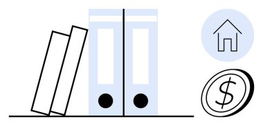 Finansal planlama, ev bütçesi, muhasebe, organizasyon, tasarruf, ofis işleri. Ofis dosyaları dik duruyor, ev ve para için ikonlar. Mali planlama ve ev bütçesi kavramı
