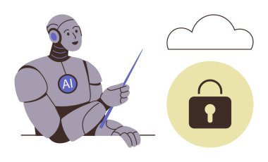 Yapay zekayla çalışan robot, bulut hesaplama güvenliğini bir kilit ikonu ve bir işaretçiyle sunuyor. Teknoloji için ideal, yapay zeka, yenilik, siber güvenlik, veri koruması, bulut depolama, basit düz metafor