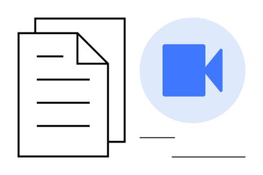 Çevrimiçi işbirliği, dosya transferi, video bağlantısı, uzaktan çalışma araçları, multimedya paylaşımı, dijital iletişim. Mavi bir video kamera ikonunun yanında kağıt bir belge. Çevrimiçi işbirliği ve dosya