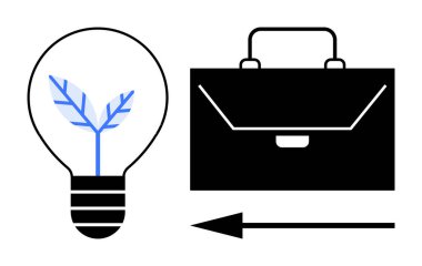 İş sürdürülebilirliği. Semboller vasıtasıyla iş sürdürülebilirliği, yapraklı ampul ve evrak çantası da dahil. İş sürdürülebilirliği, yenilik ve çevresel odaklanma. Konular çevre dostu