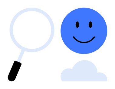 Arama konsepti. Büyüteç, mutlu yüz ve bulut araması, keşif ve pozitiflik. Arama, keşfi, bilgi paylaşımını ve yaratıcı çözümleri geliştirir. Teknolojik yenilik için kullanışlı