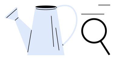 Açık mavi sulama kutusu ve siyah büyüteç beslenme, araştırma, keşif ve kişisel gelişimi sembolize ediyor. Bahçıvanlık, eğitim, keşif, çevre ve sorun çözme için ideal